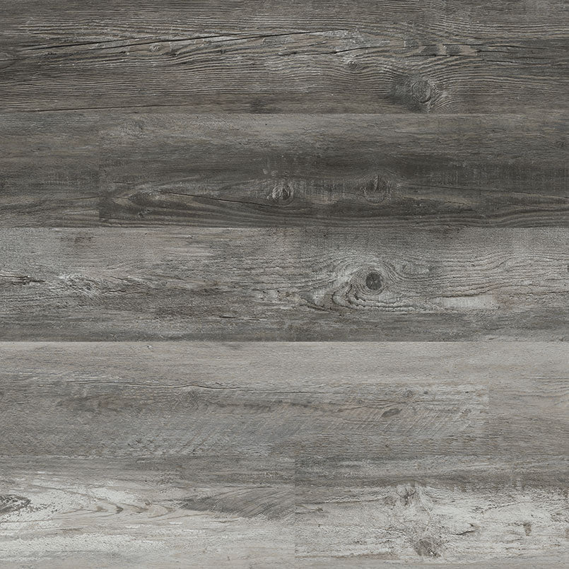 MSI Cyrus Boswell Luxury Vinyl Planks BOX (23.77 SQFT) feature gray and brown tones, a rustic wood texture with visible grain, and a durable CrystaLux™ wear layer for lasting performance.